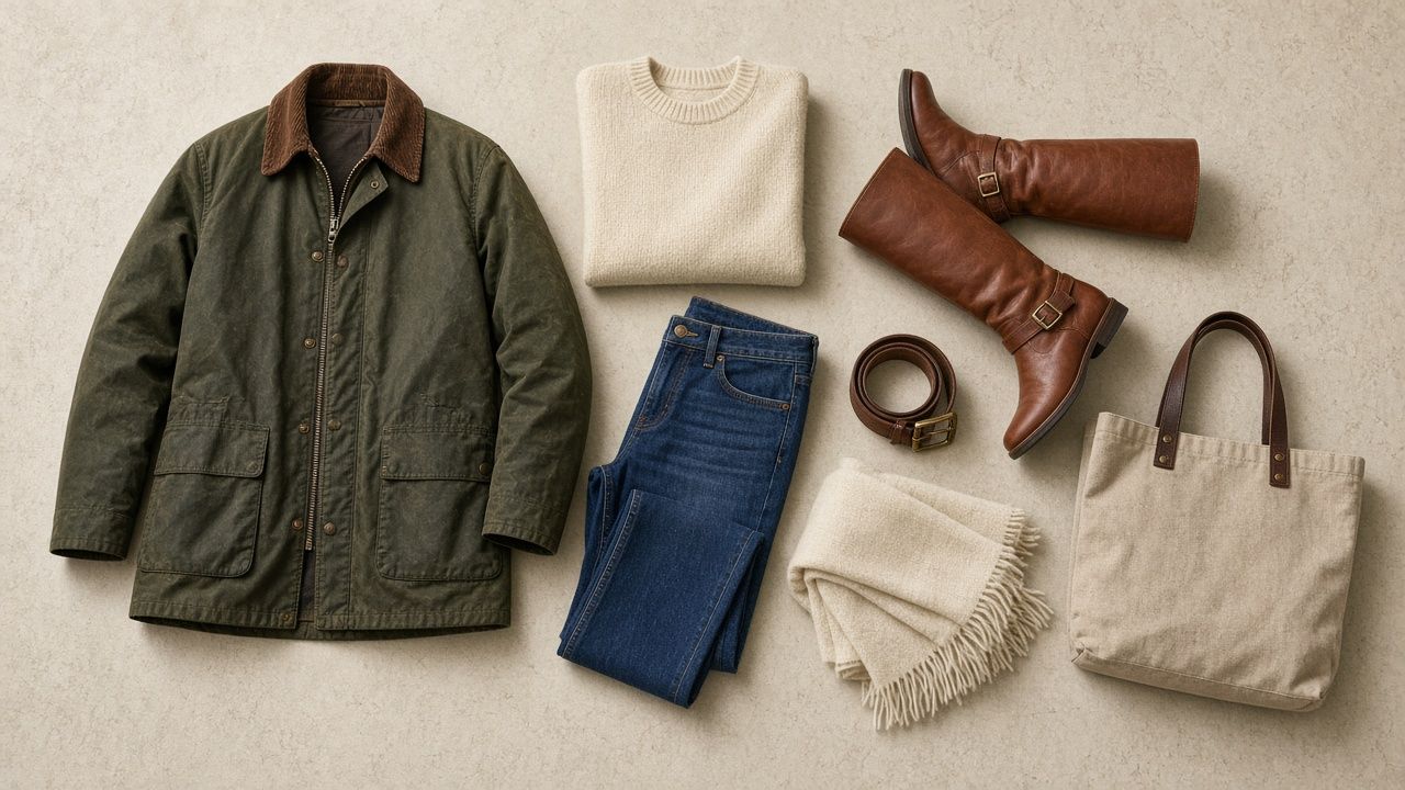 Flat lay on pale stone: olive waxed barn jacket with brown cord collar, cream crew-neck knit, indigo straight-leg jeans, cognac knee-high riding boots, brass-buckle belt, cream wool scarf and a canvas tote.