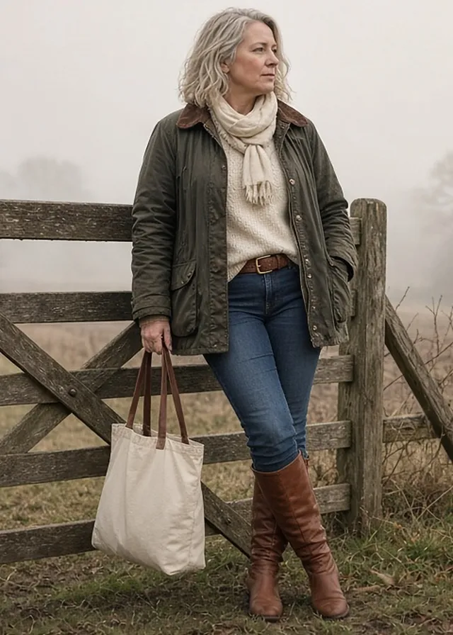 Full-length photo of a silver-haired woman leaning against a wooden field gate on a misty autumn farm, in an olive waxed barn jacket over a cream knit and scarf, belted indigo jeans tucked into cognac knee-high riding boots, holding a canvas tote.