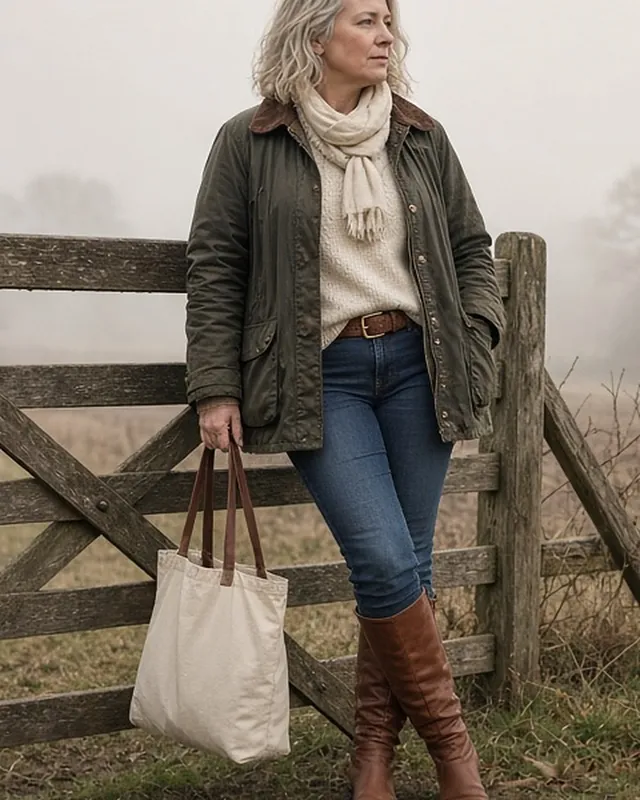 Full-length photo of a silver-haired woman leaning against a wooden field gate on a misty autumn farm, in an olive waxed barn jacket over a cream knit and scarf, belted indigo jeans tucked into cognac knee-high riding boots, holding a canvas tote.