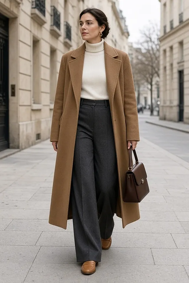 Full-length photo of a woman walking down a pale limestone street in winter light, in a long camel wool coat worn open over an ivory rollneck, charcoal wide-leg trousers and tan loafers, carrying a chocolate-brown top-handle bag.