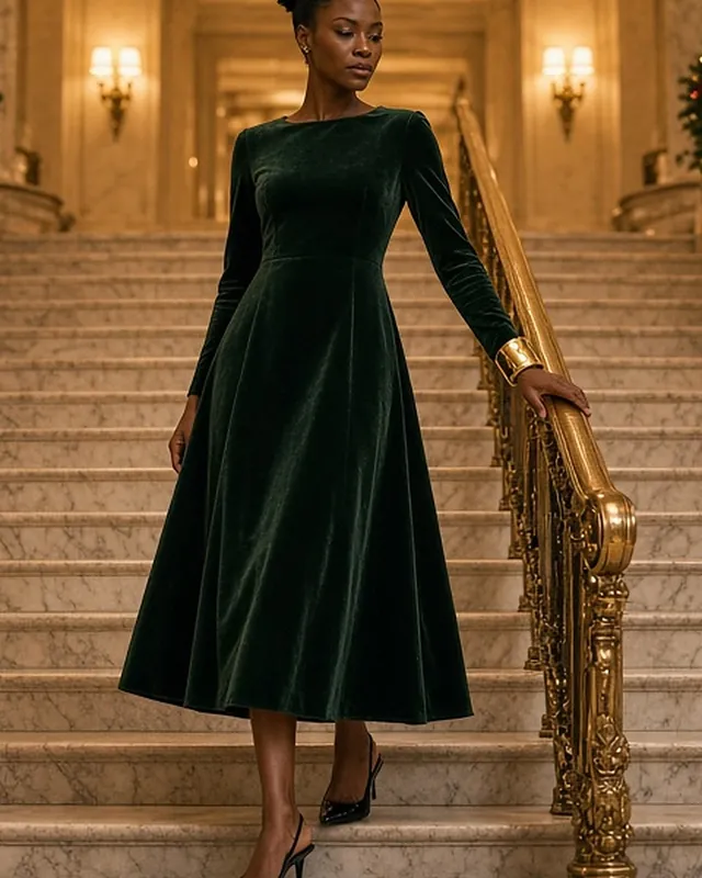 Full-length photo of a woman on a grand hotel staircase dressed with Christmas garlands, one hand on the gilded banister, wearing a long-sleeved forest-green velvet midi dress and black kitten-heel slingbacks.