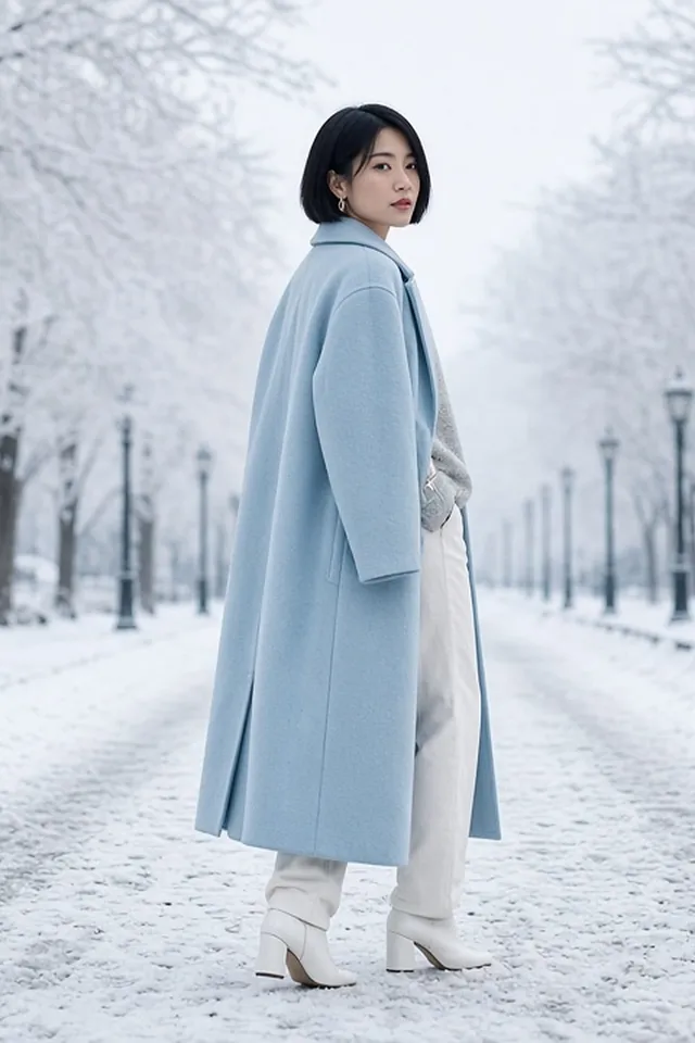 Full-length photo of a woman with a black bob on a snowy park path between frosted trees, in a long icy-blue wool coat over a light grey jumper, white straight-leg jeans and white leather ankle boots.