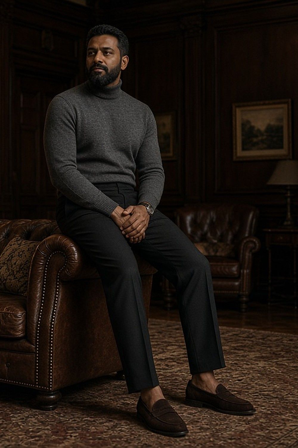 Full-length photo of a bearded man seated in a leather Chesterfield armchair in a wood-panelled club lounge, wearing a fitted charcoal merino rollneck, black trousers and dark brown suede loafers.