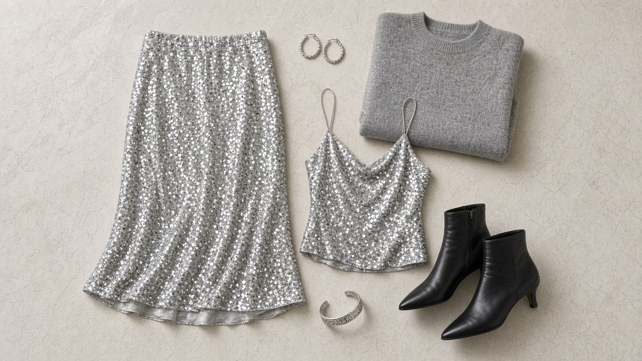 Flat lay on pale stone: silver sequin midi skirt, silver sequin cami, oversized grey cashmere jumper, black pointed ankle boots, silver hoops and a silver cuff.