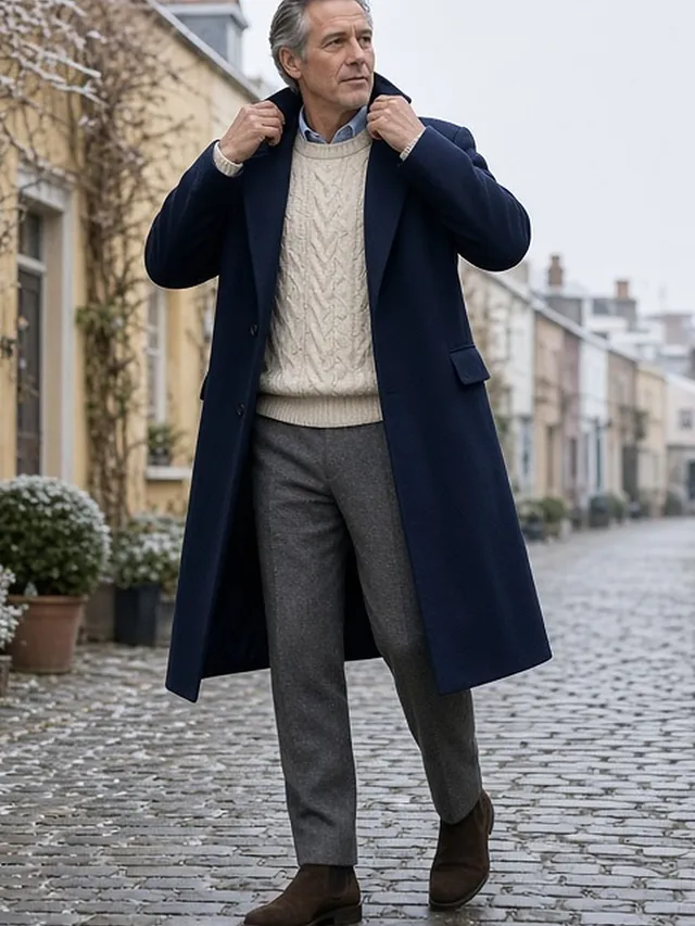 Full-length photo of a grey-haired man turning up the collar of his navy wool overcoat on a frosty cobbled London mews, over a cream cable-knit jumper, grey flannel trousers and brown suede Chelsea boots.
