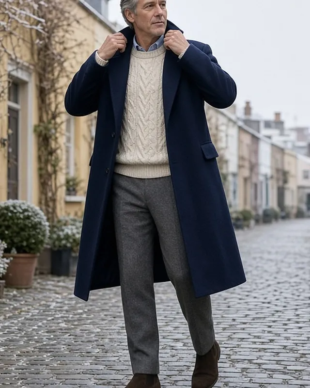 Full-length photo of a grey-haired man turning up the collar of his navy wool overcoat on a frosty cobbled London mews, over a cream cable-knit jumper, grey flannel trousers and brown suede Chelsea boots.