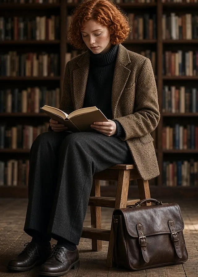 Full-length photo of a young red-haired woman seated on a wooden step-stool reading in an old bookshop, wearing a black turtleneck under a brown herringbone tweed blazer, charcoal trousers and dark leather derbies, a buckled leather satchel at her feet.