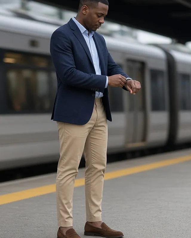 Full-length photo of a man adjusting his shirt cuff on a commuter train platform, in a navy unstructured blazer, pale blue oxford shirt open at the neck, stone chinos and brown suede loafers.