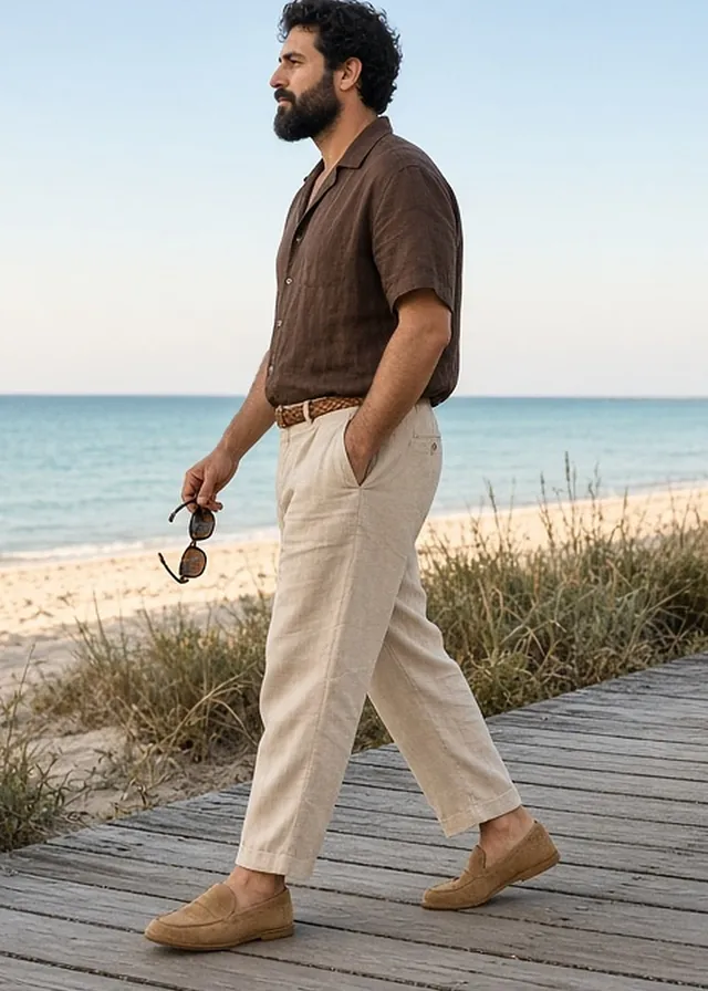 Full-length side-profile photo of a bearded man strolling along a timber beach boardwalk through dune grass, in a chocolate linen camp-collar shirt, ecru linen trousers with a braided belt and tan suede loafers, holding tortoiseshell sunglasses.