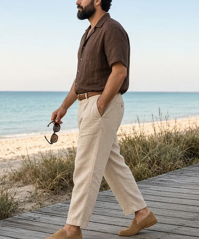 Full-length side-profile photo of a bearded man strolling along a timber beach boardwalk through dune grass, in a chocolate linen camp-collar shirt, ecru linen trousers with a braided belt and tan suede loafers, holding tortoiseshell sunglasses.
