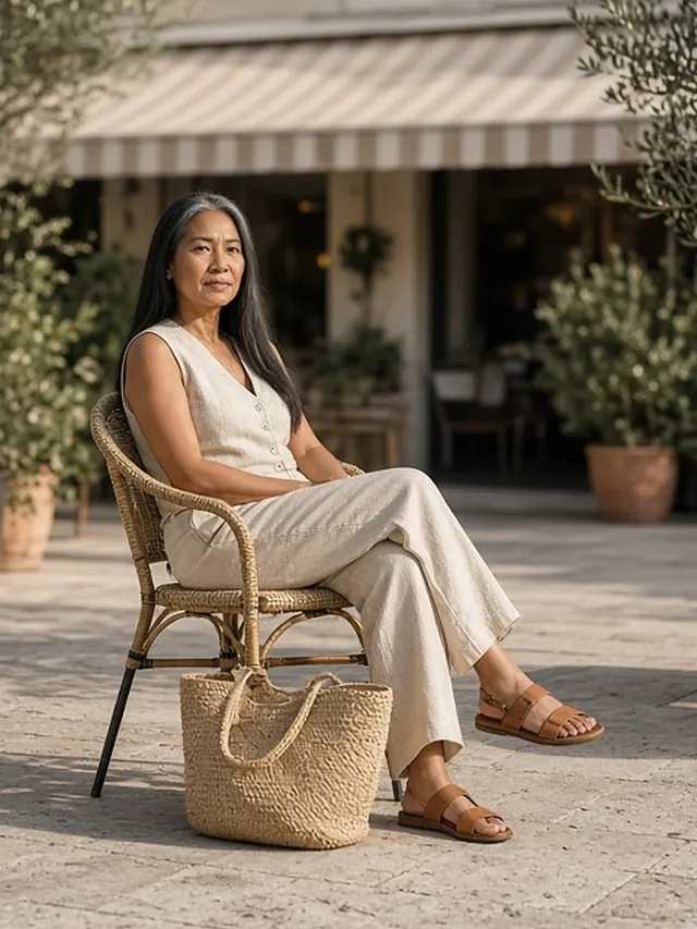 Full-length photo of a woman seated with legs crossed on a rattan chair on a sunny café terrace with olive trees, in an oat linen waistcoat and matching wide-leg trousers, flat tan leather slides, a woven raffia tote by the chair.