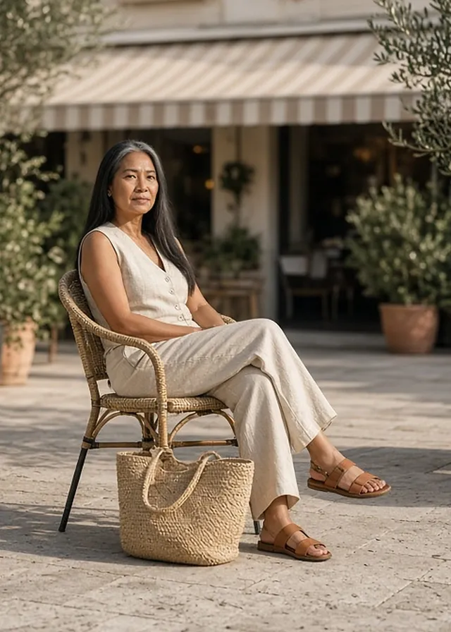 Full-length photo of a woman seated with legs crossed on a rattan chair on a sunny café terrace with olive trees, in an oat linen waistcoat and matching wide-leg trousers, flat tan leather slides, a woven raffia tote by the chair.