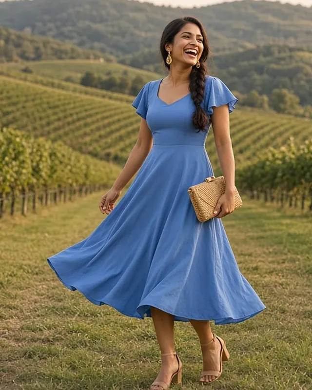 Full-length photo of a laughing woman mid-twirl between vineyard rows at golden hour, in a cornflower-blue midi dress with flutter sleeves, gold drop earrings and tan heeled sandals, holding a raffia clutch.