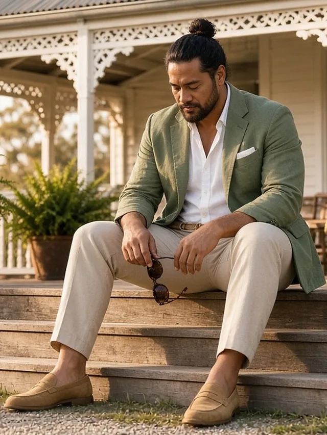 Full-length photo of a man seated on the timber steps of a white homestead veranda, in an unstructured sage linen blazer with a white pocket square, white open-collar shirt, stone trousers with a woven belt and tan suede loafers, holding tortoiseshell sunglasses.