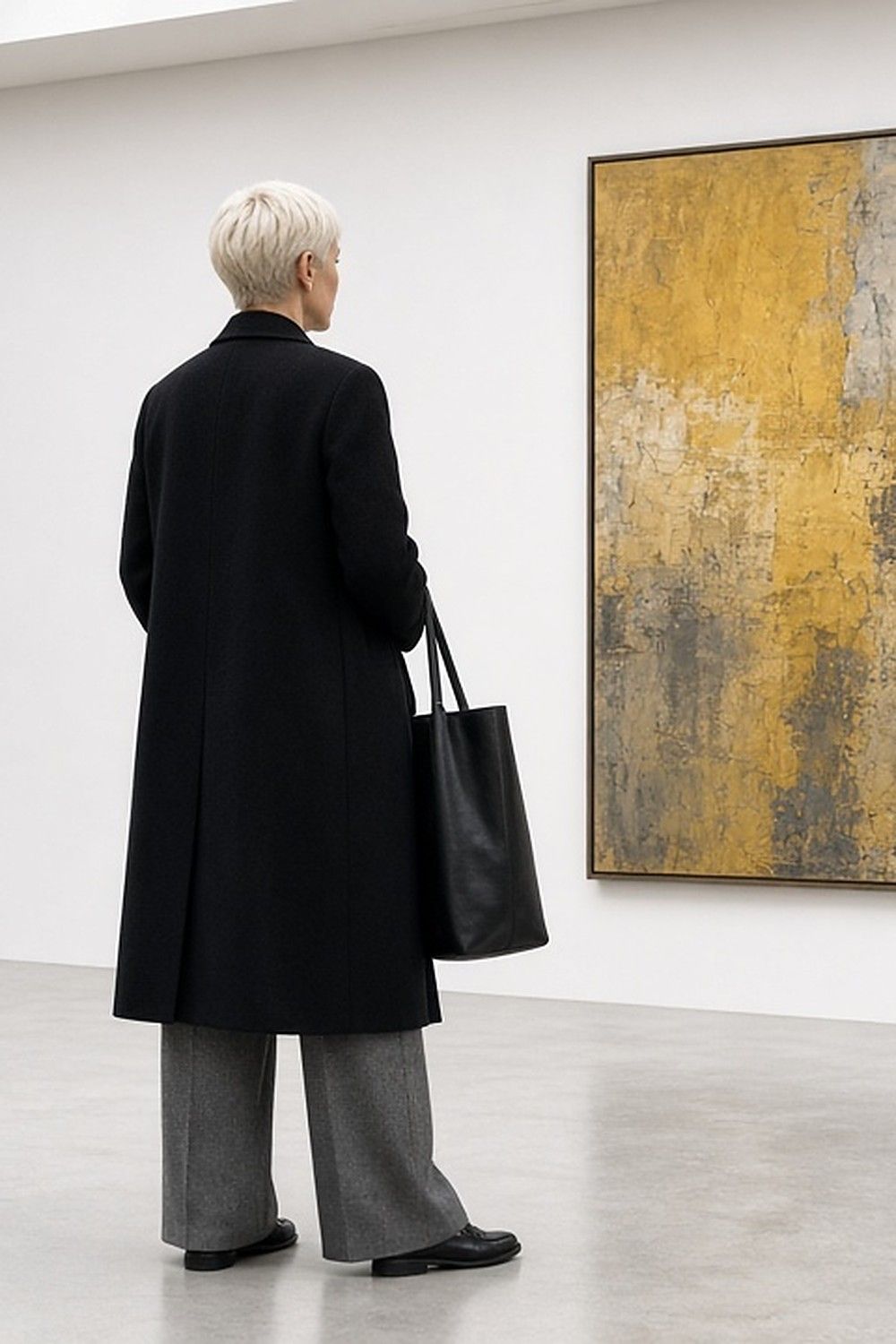 Full-length rear three-quarter photo of a woman with a platinum pixie cut viewing a large abstract painting in a white gallery, in a long black wool coat, mid-grey wide-leg trousers and black loafers, a black leather tote over her arm.