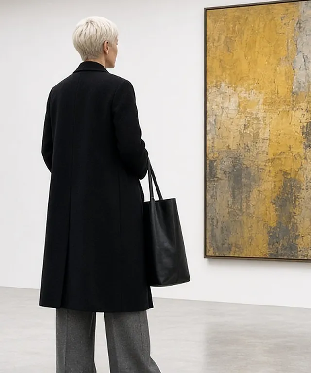 Full-length rear three-quarter photo of a woman with a platinum pixie cut viewing a large abstract painting in a white gallery, in a long black wool coat, mid-grey wide-leg trousers and black loafers, a black leather tote over her arm.