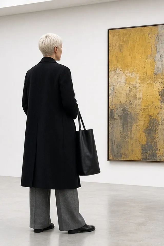 Full-length rear three-quarter photo of a woman with a platinum pixie cut viewing a large abstract painting in a white gallery, in a long black wool coat, mid-grey wide-leg trousers and black loafers, a black leather tote over her arm.