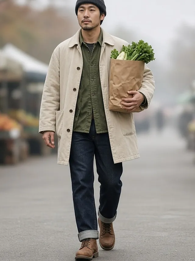 Full-length photo of a man in a charcoal beanie walking through a farmers' market carrying a paper bag of produce, in an ecru canvas chore coat over an olive overshirt, raw indigo jeans with a turn-up and brown leather work boots.